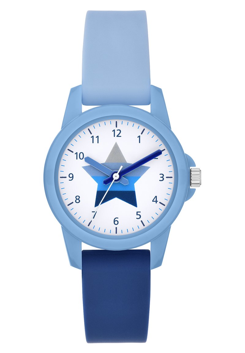 Blaues Silikonarmband mit rundem Ziffernblatt, weißem Ziffernblatt und blauem Sterndesign. Verfügt über ein dunkelblaues Armband und blaue Stunden-/Minutenzeiger. Silberne Krone.