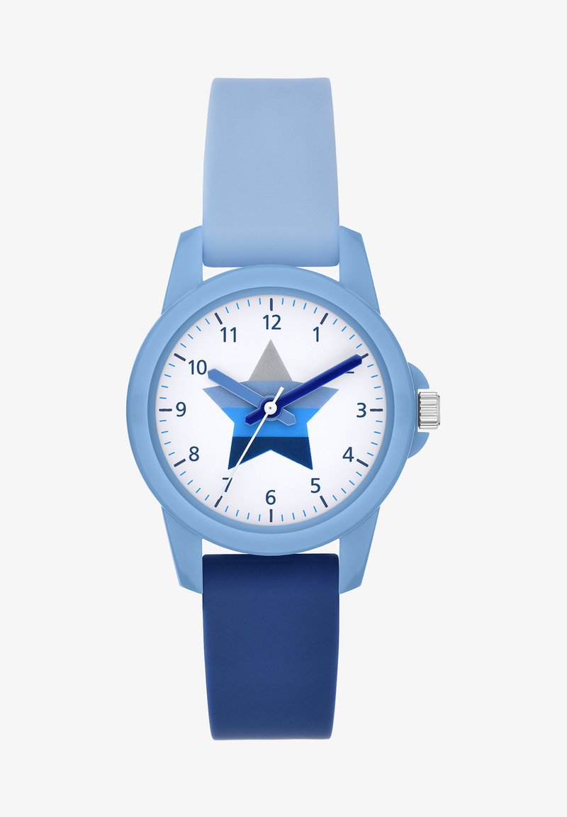 Blue silicone watch with a round face, white dial, and blue star design. Features navy strap and blue hour/minute hands. Silver crown.