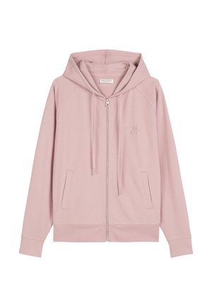 Hoodie zippé rose clair avec cordons, poches latérales et broderie subtile "MOP" sur la poitrine.