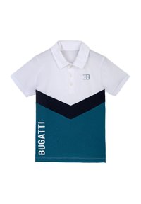 Maglietta polo bianca con un design a chevron blu e navy. Presenta un colletto, tre bottoni e il testo "BUGATTI" in bianco sul lato.