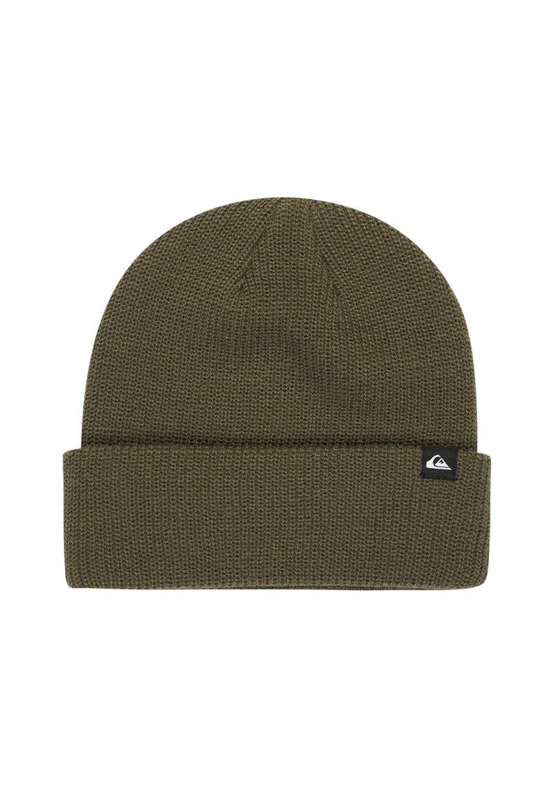 Olive green knit beanie with a ribbed texture and a folded cuff. Features a small black logo tag on the side, showcasing a triangular design.