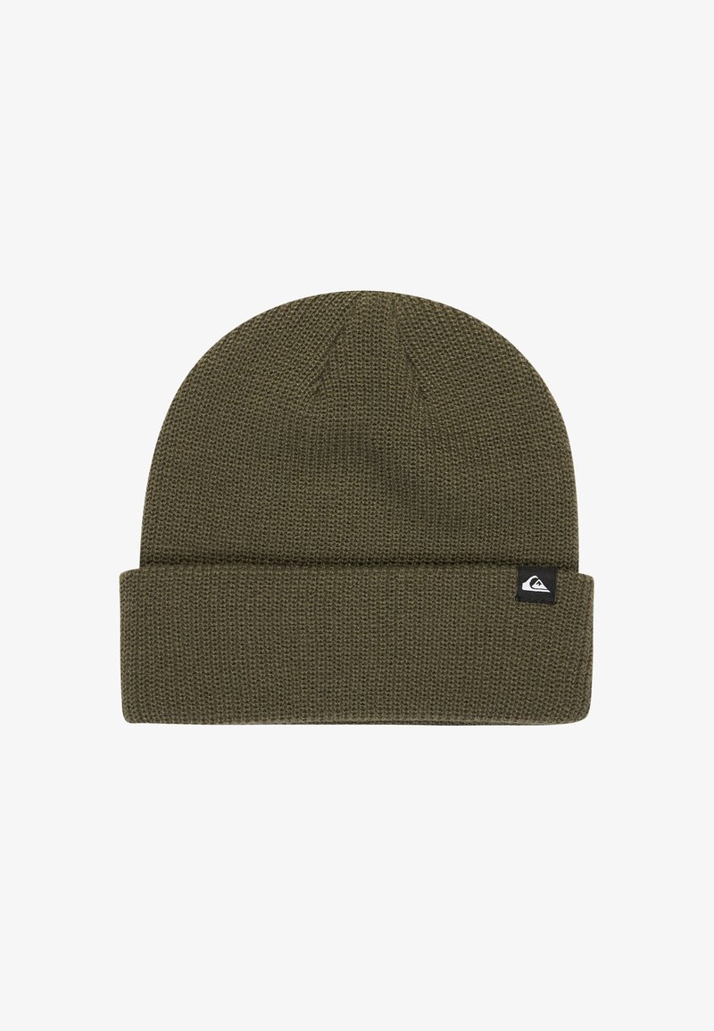 Olive green knit beanie with a ribbed texture and a folded cuff. Features a small black logo tag on the side, showcasing a triangular design.