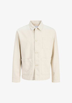 Kremowa kurtka z długim rękawem, z czterema guzikami z przodu, trzema przednimi kieszeniami i klasycznym spiczastym kołnierzem.