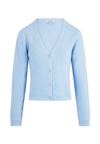 Hellblaues Strickjacke aus strukturiertem Rippstoff, mit V-Ausschnitt, langen Ärmeln und herzförmigen Knöpfen in der Mitte.