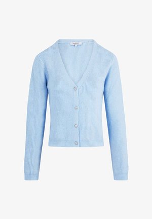Lichtblauwe cardigan van gestructureerde ribstof, met een V-hals, lange mouwen en hartvormige knopen aan de voorkant.