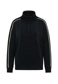 Černá mikina s vysokým límcem, bílými bočními pruhy a šňůrkami. Má dlouhé rukávy a texturovanou látku. Neformální design.