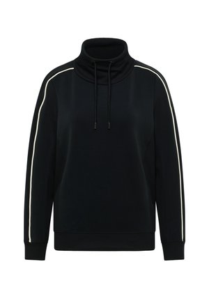 Černá mikina s vysokým límcem, bílými bočními pruhy a šňůrkami. Má dlouhé rukávy a texturovanou látku. Neformální design.