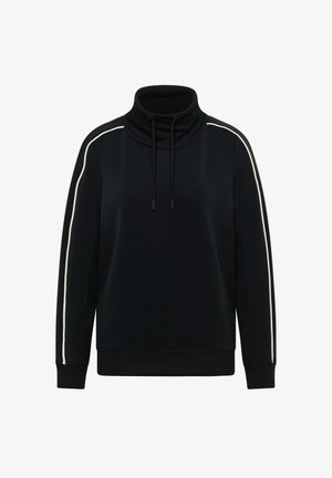 Černá mikina s vysokým límcem, bílými bočními pruhy a šňůrkami. Má dlouhé rukávy a texturovanou látku. Neformální design.