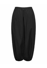 Pantalon noir ample avec taille élastique et bas élastiques froncés, fabriqué en tissu léger.