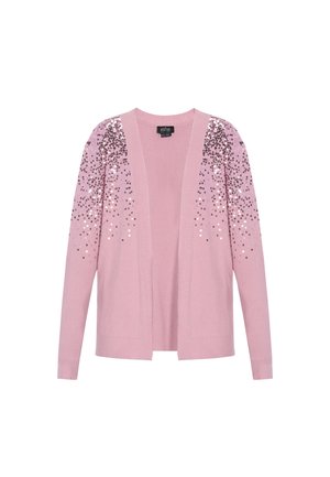 Cardigan rosa con apertura frontale, texture a coste e paillettes in un motivo sfumato che va dalla spalla fino a metà manica, tessuto morbido.