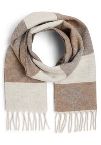 Écharpe tissée présentant des rayures alternées beige et brun clair, avec des extrémités frangées et un accent de motif subtil au centre.