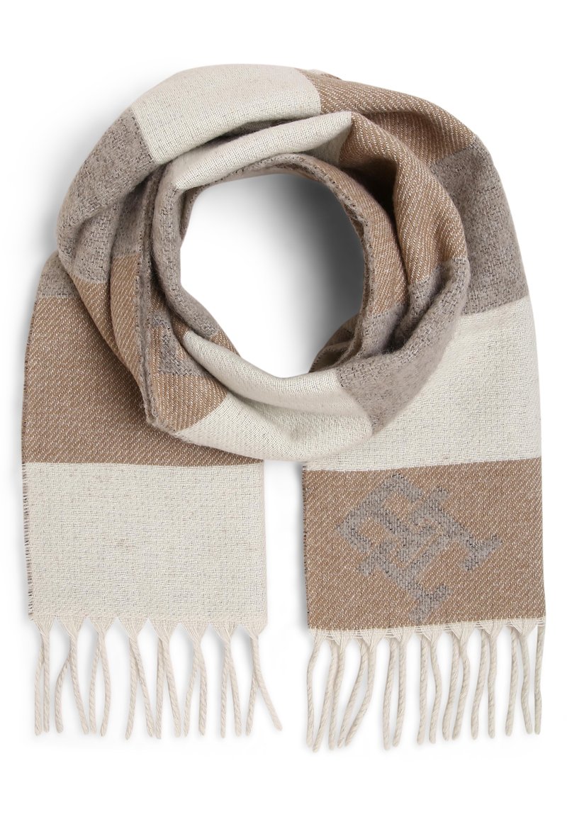 Écharpe tissée présentant des rayures alternées beige et brun clair, avec des extrémités frangées et un accent de motif subtil au centre.