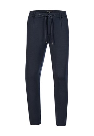Navy blue jogger-style pants made from soft fabric, featuring an elastic waistband with a drawstring, and side pockets.