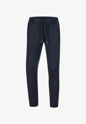 Navy blue jogger-style pants made from soft fabric, featuring an elastic waistband with a drawstring, and side pockets.