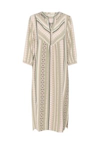 Robe à motifs avec des rayures verticales vertes, roses et crème, dotée d'un décolleté en V, de manches trois-quarts et de motifs géométriques.