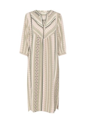 Robe à motifs avec des rayures verticales vertes, roses et crème, dotée d'un décolleté en V, de manches trois-quarts et de motifs géométriques.