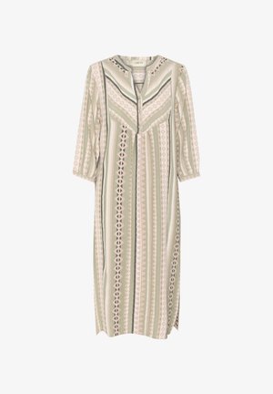 Patterned dress featuring vertical stripes in green, pink, and cream, with a V-neck, three-quarter sleeves, and geometric motifs.