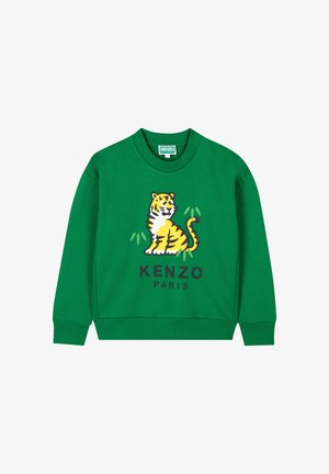 Sweat-shirt vert en tissu texturé avec un graphisme de tigre et le texte "KENZO PARIS" en lettres noires en gras sur le devant.