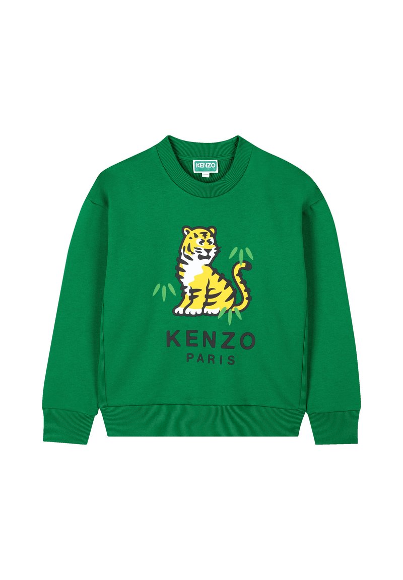 Sweat-shirt vert en tissu texturé avec un graphisme de tigre et le texte "KENZO PARIS" en lettres noires en gras sur le devant.