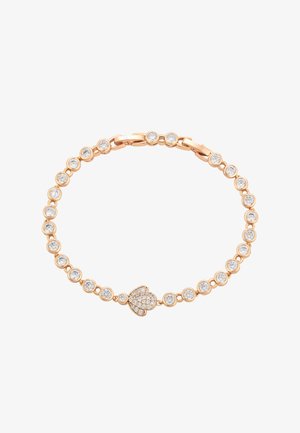 Bracciale in oro rosa con anelli circolari e cristalli trasparenti incastonati, con un centro a forma di cuore adornato da pietre scintillanti.