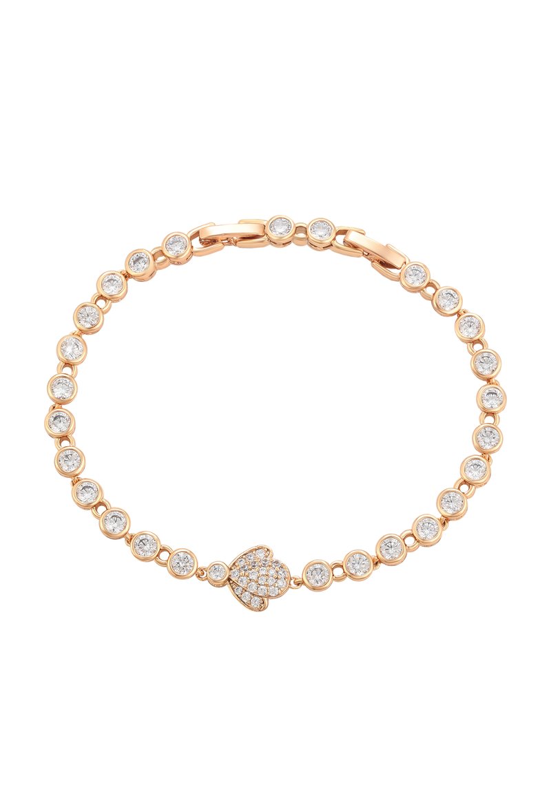 Bracciale in oro rosa con anelli circolari e cristalli trasparenti incastonati, con un centro a forma di cuore adornato da pietre scintillanti.