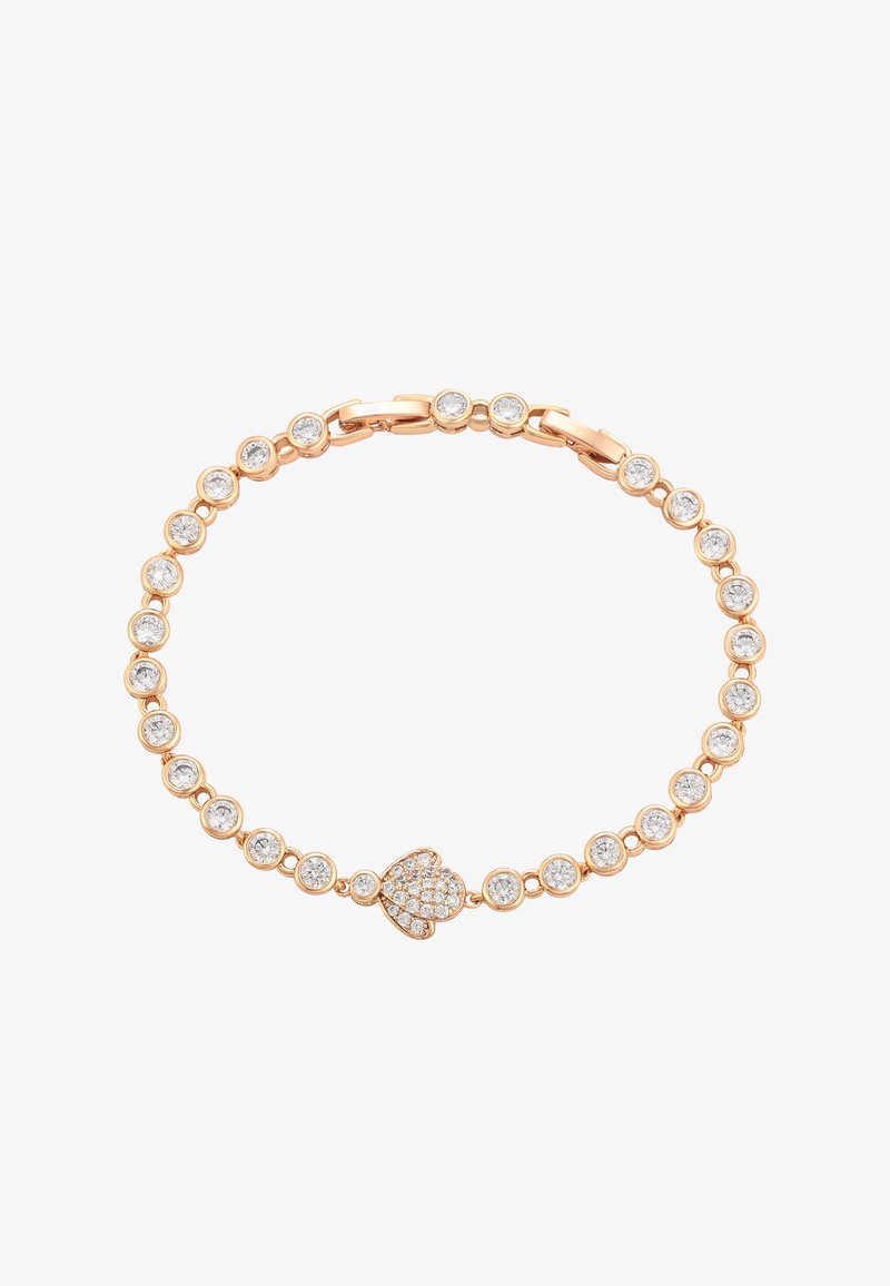 Armband aus Roségold mit runden Gliedern und eingefassten klaren Kristallen, mit einem herzförmigen Mittelpunkt, der mit funkelnden Steinen verziert ist.