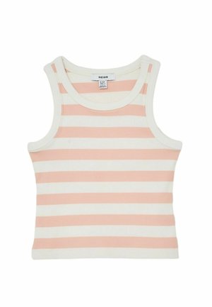 Mouwloos geribd tanktopje voor kinderen met horizontale perzik- en witte strepen, ronde halslijn en een aansluitende pasvorm.