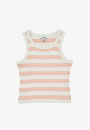Mouwloos geribd tanktopje voor kinderen met horizontale perzik- en witte strepen, ronde halslijn en een aansluitende pasvorm.