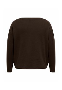 Pull marron foncé à manches longues avec un col large et une coupe ample et carrée, vu de dos sur un fond blanc.
