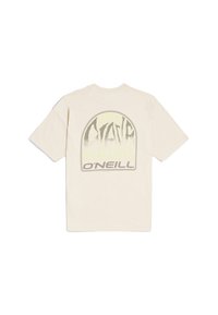 T-shirt en coton couleur crème à manches courtes, avec un imprimé graphique circulaire en gris et jaune néon, comportant le texte "O'Neill" en bas.