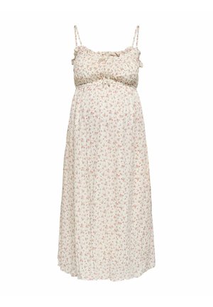Robe midi blanche sans manches avec fines bretelles, bustier smocké et petit motif floral rose.