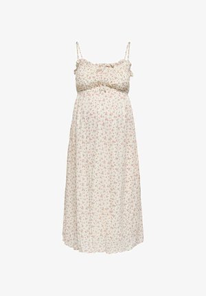 Robe midi blanche sans manches avec fines bretelles, bustier smocké et petit motif floral rose.