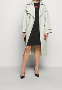 Trench-coat gris clair avec un design à double boutonnage, grands revers et accents de boutons noirs, associé à une robe noire et des talons noirs.