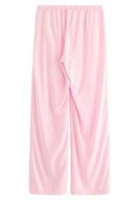 Lichtroze cropped broek gemaakt van zachte, lichte stof met een elastische tailleband en een ontspannen pasvorm. Heeft een gladde textuur.