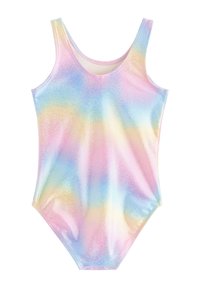 Regenbogenfarbener, einteiliger Badeanzug mit glatter, glänzender Textur. Verfügt über dünne Träger und einen abgerundeten Ausschnitt. Keine Muster oder Hardware-Details.
