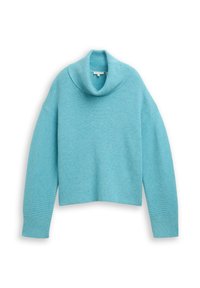 Türkisfarbener, kurz geschnittener Pullover mit weitem, umgeschlagenem Rollkragen und geripptem Muster, langärmlig und mit lockerer Passform.