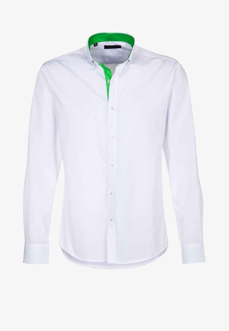 White long-sleeve shirt made of cotton, featuring a green inner collar and button-down front. Straight hem and tailored fit.