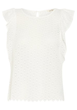 Balta bluzelė su pūstomis rankovėmis, pasižyminti tekstūriniu skylučių raštu, banguotu kraštu ir rakto formos angos iškirpte nugaroje.