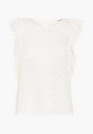 Valge pluus volangkäistega, millel on tekstuurne silmade mustriga detail, laineline äär ja avaus seljal.