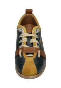Footwear featuring a dark green leather body, yellow suede accents, beige laces, and brown leather detailing. Rounded toe and stitched design.