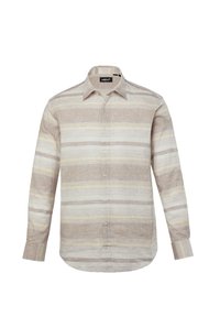 Camisa de manga larga, abotonada, en lino a rayas beige y blanco. Presenta un cuello clásico y un corte recto con cierre de botones en la parte delantera.