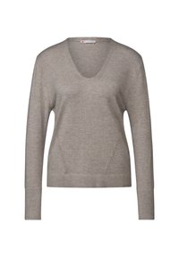 Ljusbrun v-ringad tröja i mjukt tyg, med långa ärmar, ribbade muddkläppar och nederkant, samt subtila detaljer i sidna seams.