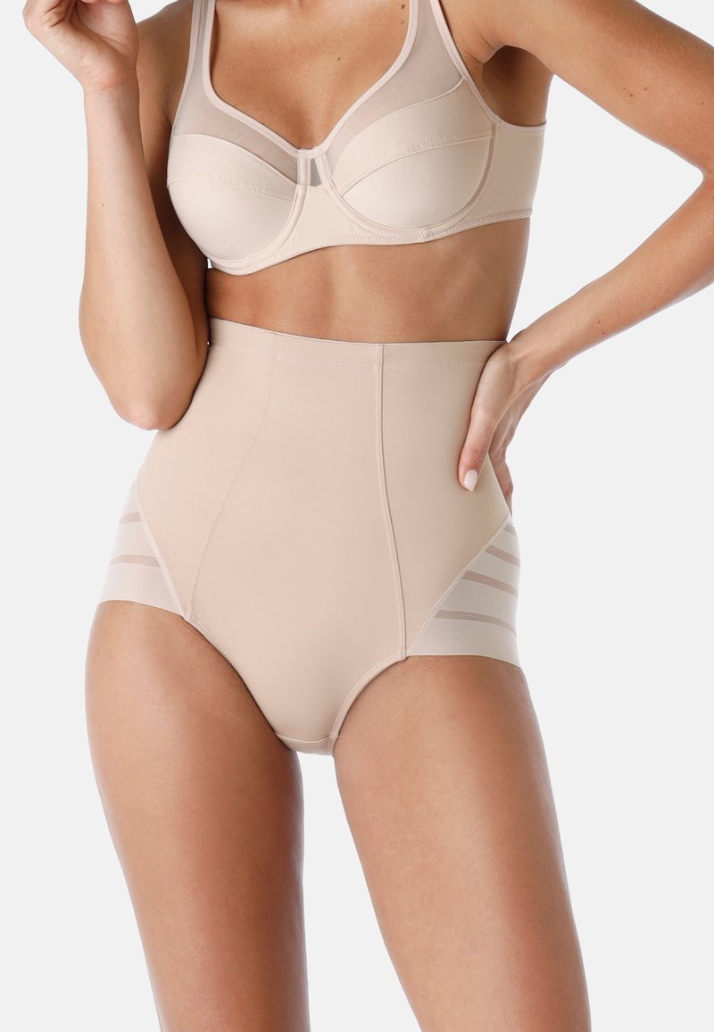 Shapewear beige a vita alta, realizzato in materiale morbido, presenta cuciture curve e pannelli laterali in rete trasparente con strisce orizzontali.
