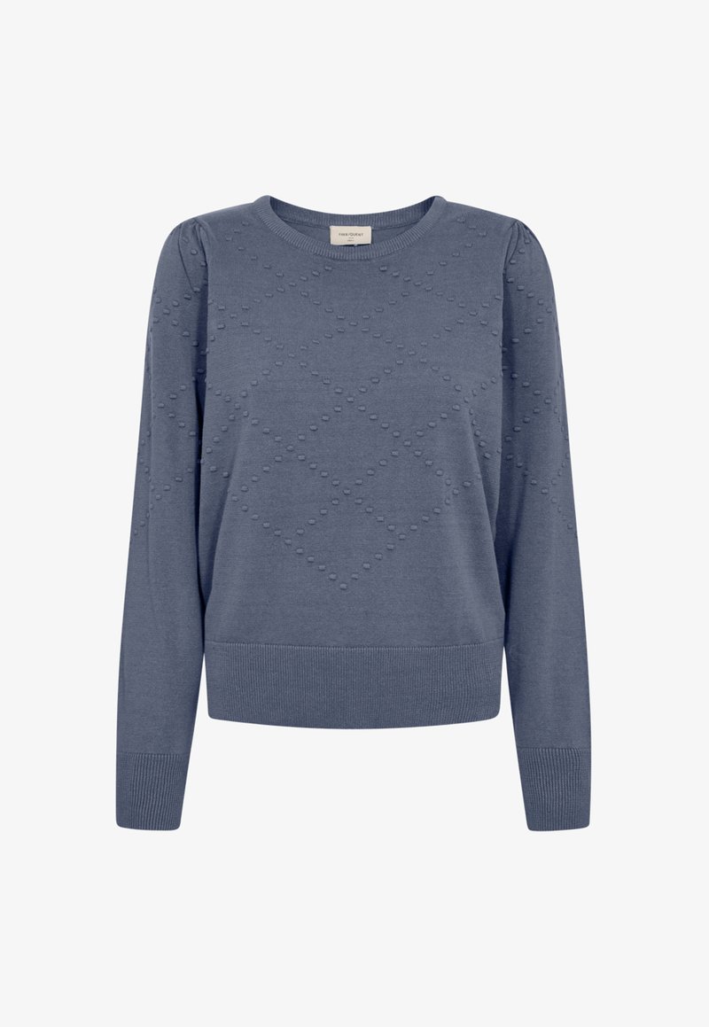 Blauwe gebreide trui met lange mouwen, voorzien van een textuur van een stip-ruitpatroon, geribbelde manchetten en zoom, en een ronde halslijn.
