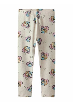 Leggings en coton gris clair avec un imprimé ludique de dessins animés d'animaux en forme de cœurs dans des couleurs pastel.