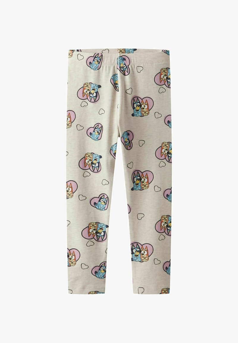 Leggings en coton gris clair avec un imprimé ludique de dessins animés d'animaux en forme de cœurs dans des couleurs pastel.