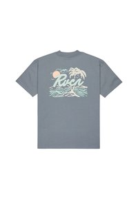 Grijze katoenen t-shirt met een kleurrafiek van palmbomen en de zon boven golven, met het woord "RVCA" in gestileerde cursief. Korte mouwen, ronde hals.