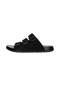 Ciabatte nere in suede con tre fibbie metalliche regolabili, una zona toe testurizzata e una suola in gomma resistente.