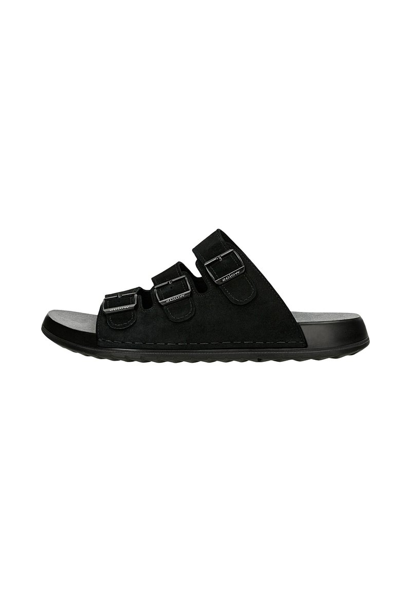 Ciabatte nere in suede con tre fibbie metalliche regolabili, una zona toe testurizzata e una suola in gomma resistente.