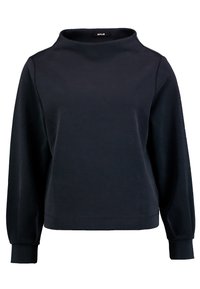 Felpa blu navy con collo a girocollo alto, maniche lunghe e polsini a costine. Realizzata in materiale morbido e liscio. Design minimalista.